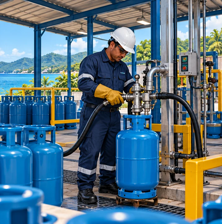 Ilustración de recarga de cilindros en un plantel de LPG